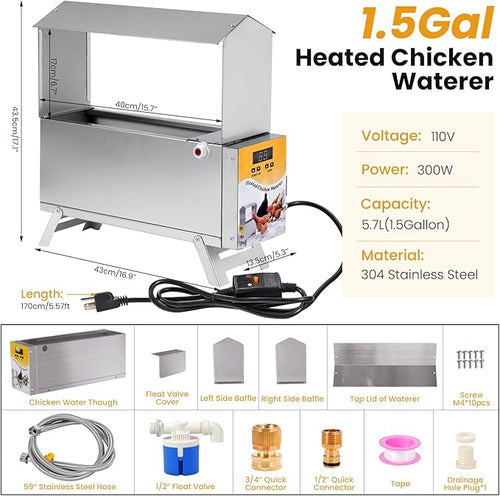 1.5 Gallon Heated Chicken Waterer Automatic Chicken Water Heater for Winter, Freeze Proof Poultry Drinker Watering System
