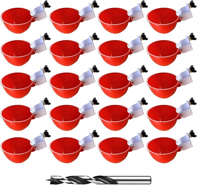20 Pcs Chicken Waterer Cups, Duck Water Feeder Kit, Automatic Poultry Drinking Bowl with Drill, Includes Large Red Cups and Drill Bit, Ideal for Chickens and Ducks