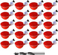 20 Pcs Chicken Waterer Cups, Duck Water Feeder Kit, Automatic Poultry Drinking Bowl with Drill, Includes Large Red Cups and Drill Bit, Ideal for Chickens and Ducks