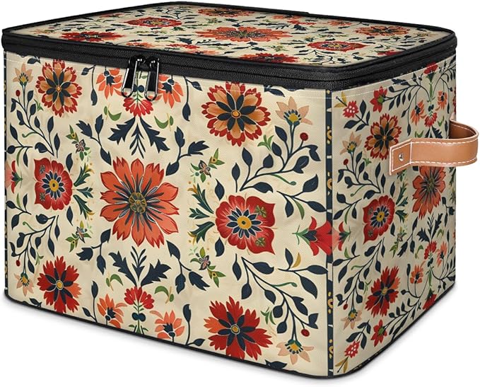 Boho Vintage Floral Pattern Storage Bins with Zipper Lid Fabric Storage Containers for Clothes Collapsible Closet Storage Basket with Metal Frame 2 Pack