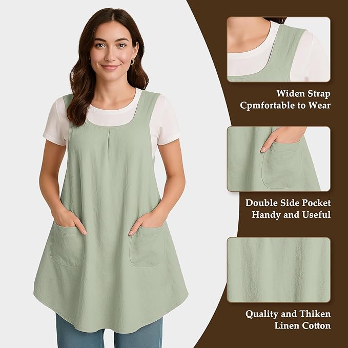 Apron for Women with Pocket Cotton Linen, Japanese Cross Back Apron for Gardening Painting