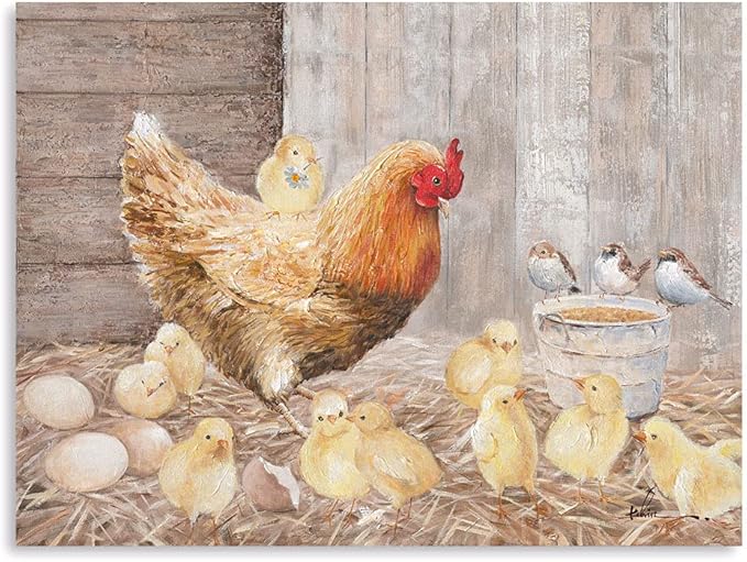 Farmhouse Wall Art Rooster Print: Hen Painting Small Born Chicks Picture Barnyard Birds Vintage Wood Framed Canvas Artwork for Kitchen Decor Easy Hanging (16"x24"x1 Panel)