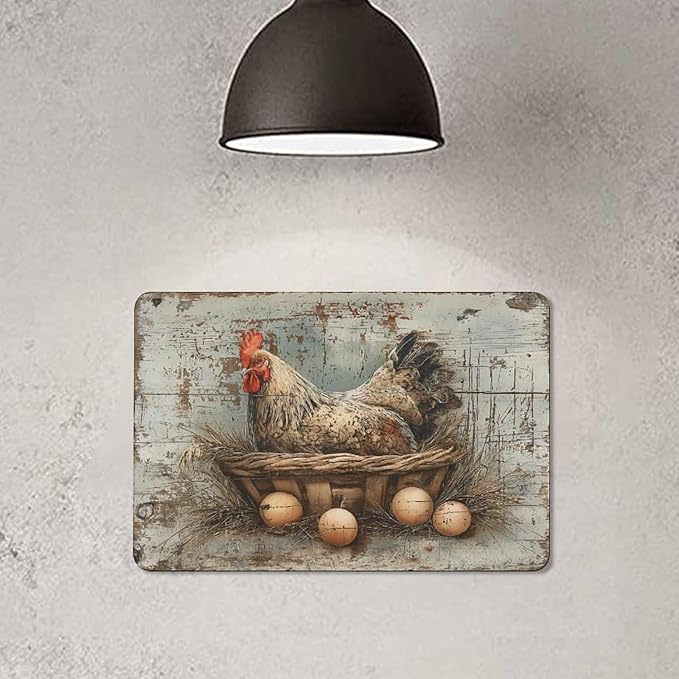 Rustic Farmhouse Hen Chicken in Basket with Eggs tin sign Vintage Rustic Farmhouse Chicken and Eggs metal sign print Suitable for room bathroom cave bar cafe garage garden and outdoor decoration
