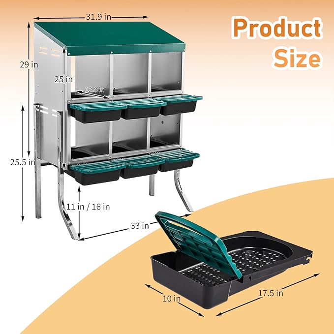 Outvita Chicken Nesting Boxes, 6 Compartments Metal Nesting Boxes for Chickens with Metal Legs, Wall/Floor Mount for Laying Eggs with Swing Perch and Roll Away Egg Collection for Chicken Coop, Green