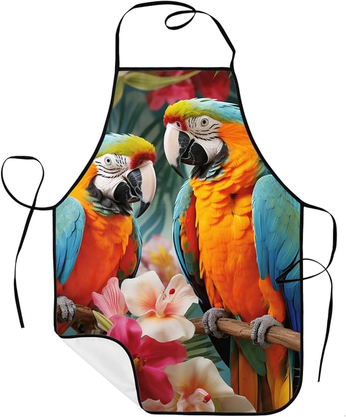 Kitchen Aprons for Men Women Waterproof Apron with 2 Pockets Tropical plants and parrots Apron Adjustable Bib Aprons