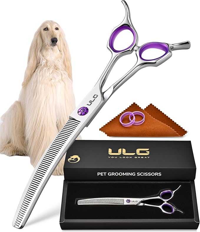 ULG 7.5” Dog Grooming Thinning Shears – 30° Curved Pet Thinning Scissors, Japanese 440C Stainless Steel, 60 V-Shaped Teeth, 25% Thinning Rate, Reversible Butterfly Handles, for Face, Nose, Eyes & Coat