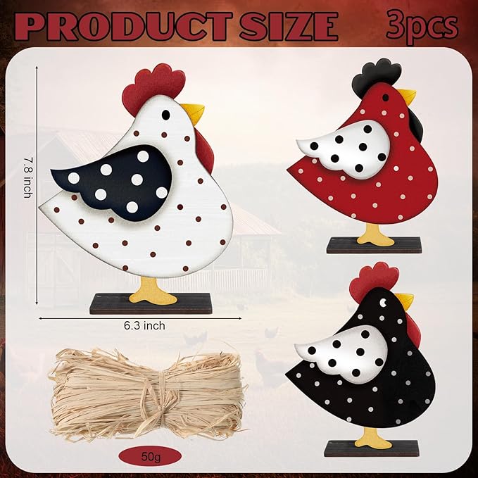 3 Pcs Rooster Decor Chicken Table Sign Easter Wooden Chickens Centerpieces with Raffia Farmhouse Rooster Birthday Party Decor Hen for Home Table Desk Door Shelf Chicken Party Easter Gift