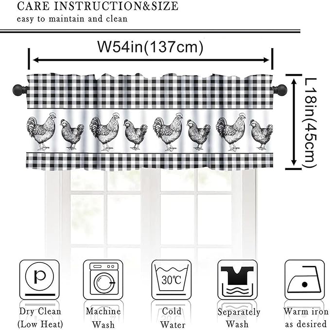 Rooster Valance Curtains Black White Buffalo Plaid Retro Rustic Farm Animals Rod Pocket Curtain Valance for Kitchen Bedroom Living Room Decor 1 Panel W54xL18 Inch