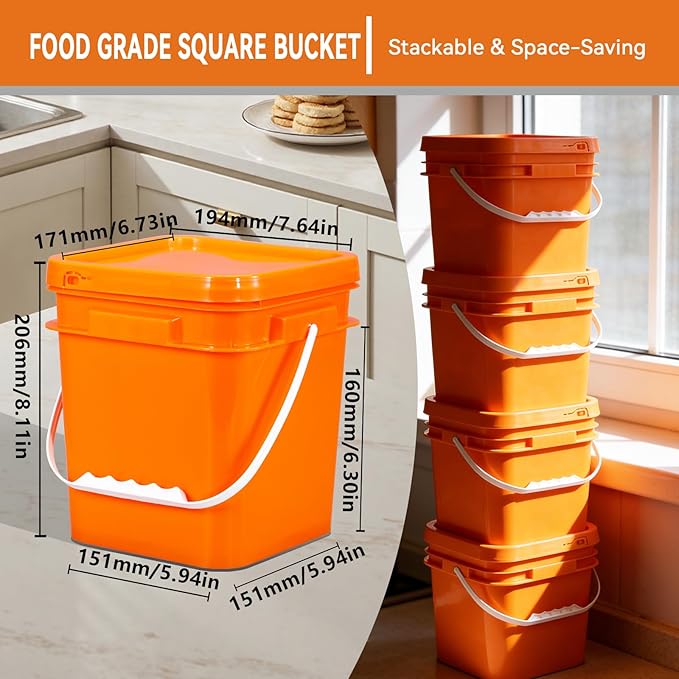 Food Storage Buckets with Lids - 4 Set Square Clear Plastic Containers, Airtight Pressure Seal & Handle for Kitchen Freezer Prep (Orange, 1 gal)