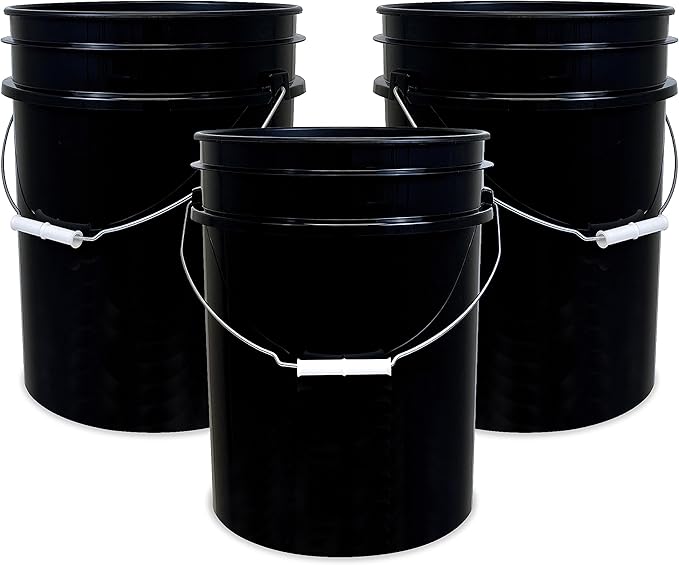 5 Gallon Bucket Only | Made in USA | Food Grade | Durable 90 Mil All Purpose Pail | BPA Free | Premium HPDE | Easy Stack and Store | Lids Not Included (Black, 3)