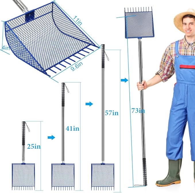 Kaleky 2-in-1 Heavy Duty Chicken Coop Rake and Scooper, 15 Inch Metal Chicken Cleaning Shovel with Adjustable Stainless Steel Handle (25 to 73 Inch) for Sand, Coops, Litter Cleaning (Blue)