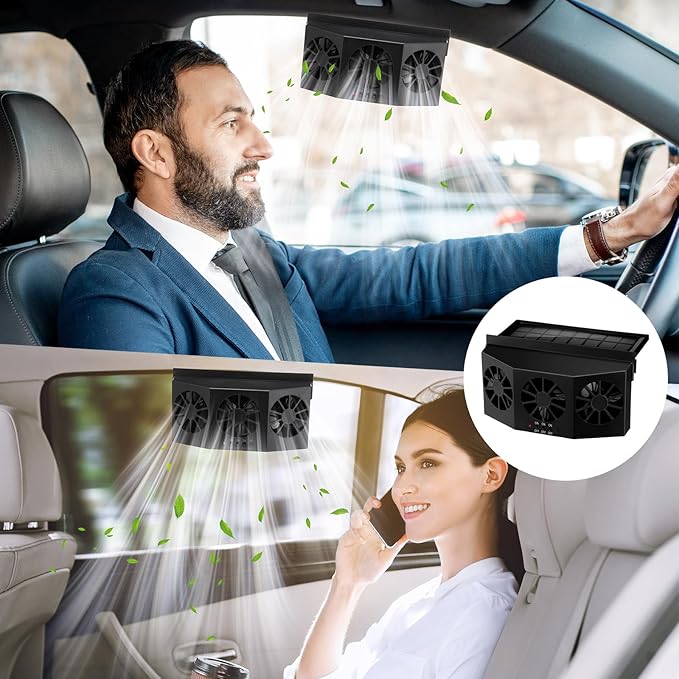 2 Pack Solar Powered Car Exhaust Fan 3 Fans Car Window 4500 RPM Air Vent Radiator Solar Energy Cooling Vent Exhaust for General Types(Solar 3 Fans,Black)