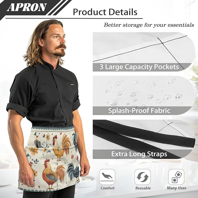 Waistress Apron with Pockets Coffee Waiter Apron Long String Chef Half Aprons for Cooking Kitchen Hairdresser