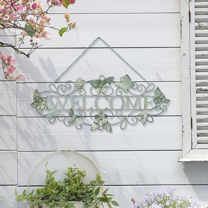 Queltharion Metal Welcome Wall Decor Rustic Farmhouse Distressed Flower and Butterfly Welcome Sign Hanging Decorative for Garden Porch Patio Yard Outdoor 23.5" L Green