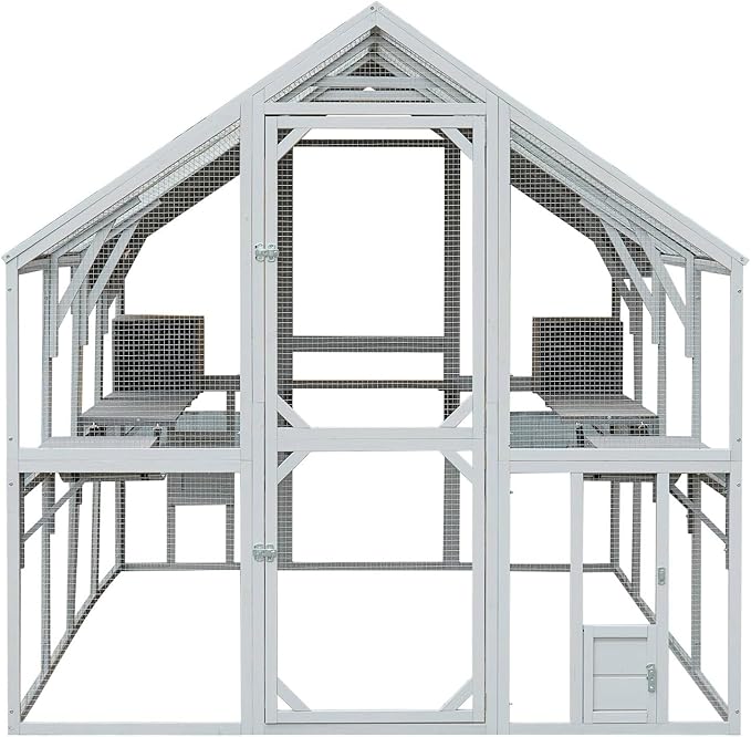 KEIKI 110"L Outdoor Large Chicken Coop with Waterproof Cover, Roosting Platform, Wire Mesh & 2 Lift Small Doors with Locks, Wood Chicken Coop House with Run for Cat Kitten Playpen, Duck, Rabbit, Quail