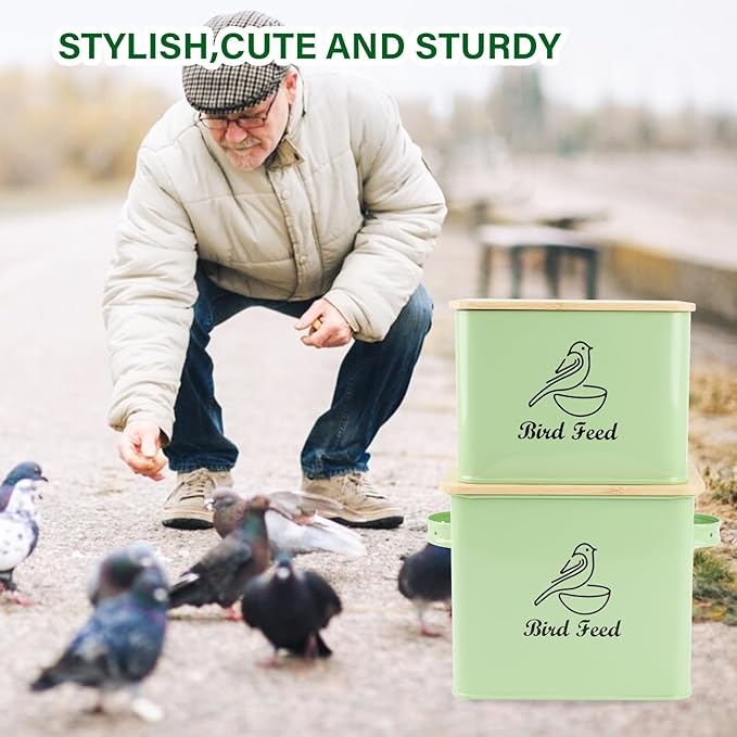 Airtight Bird Seed Storage Container Set of 2, 10LB Metal Bird Food Container with Bamboo Lids,Wild Bird Seed Tin for Storing Sunflower Seed-Squirrel proof -Green