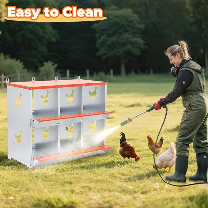 Chicken Nesting Box, 6 Compartment Metal Nesting Boxes for Chickens, Wall Mountable Chicken Laying Boxes, Easy Egg Collection, with Nesting Pads, Indoor & Outdoor Use, 31.8" L x 17" W x 25" H