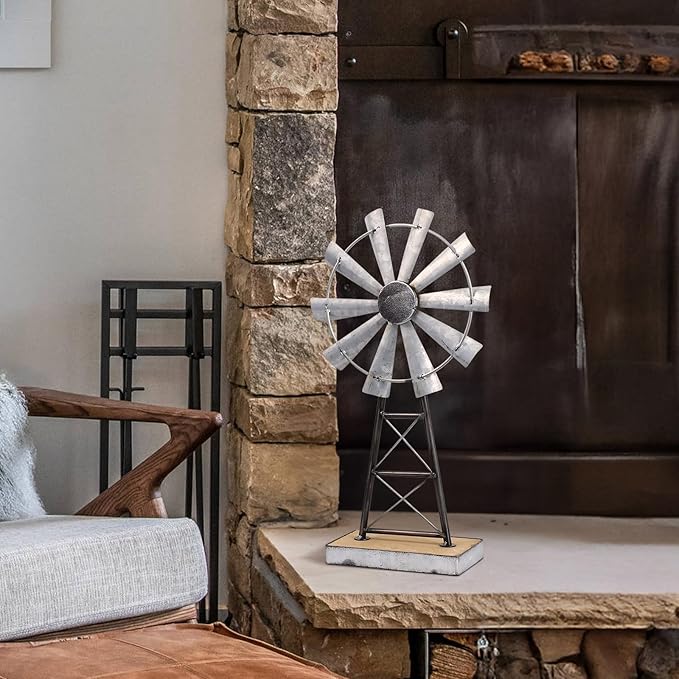 MODE HOME Charming Tall Galvanized Windmill Decor, Metal Windmill Accent for Farmhouse Shelf Decor and Living Room, Adding a Touch of Rustic Farmhouse Decor to Your Home Space