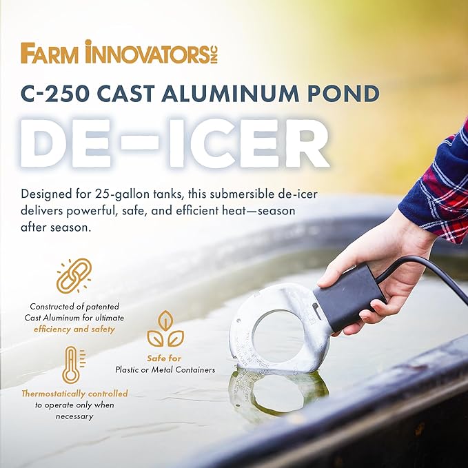 Farm Innovators Utility De-Icer for up to 25 Gallon Container - 250W Water Deicer- Ice Chaser Cast Aluminum Design for Plastic or Metal Water Container