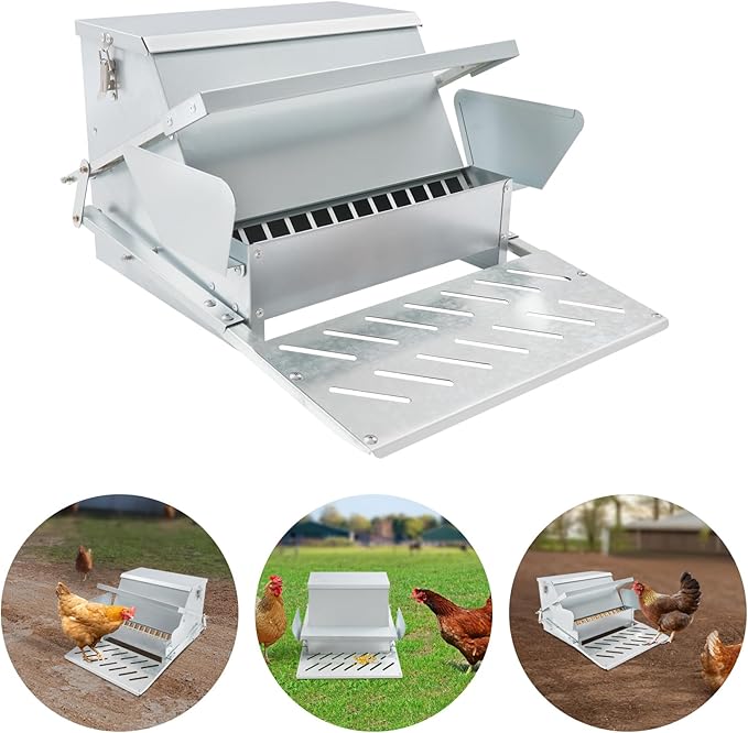 Automatic Chicken Feeder 25lb, Treadle Poultry Feeder Rat Proof with Weatherproof Lid, No Waste Galvanized Steel Feed Dispenser for Hens, Ducks, Large Capacity