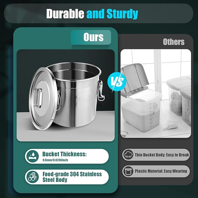 3.17Gal 304 Stainless Steel Rice Storage Container, Extra Large Food Grade Canister, 40-90Lbs Sealed Rice Bucket with Airtight Lid and Locking Buckle for Rice, Flour, Grain (12L)