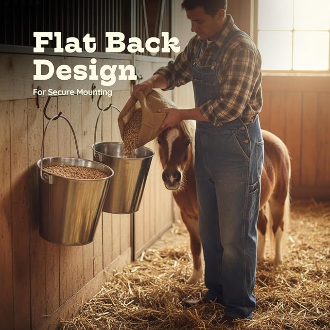 Flat Side Stainless Steel Bucket 9 Quart Hanging Feeding Utility Pail for XL Dog Goat Sheep Horse Livestock, Fits Kennel Cage Farm, Heavy Duty Food & Water Feeder, 2.25Gallon Silver 2Pack