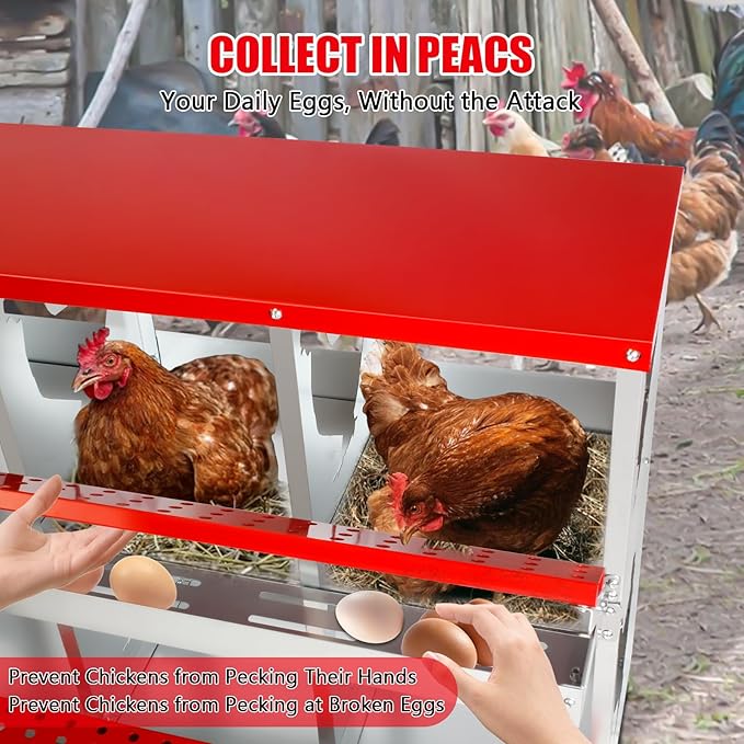 6 Hole Chicken Nesting Box,Roll Away Nesting Boxes for Laying Eggs with Large Vented Holes,Wall-Mountable Chicken Coop Nesting Boxes,Metal Laying Boxes for Hens,Ducks(Red)