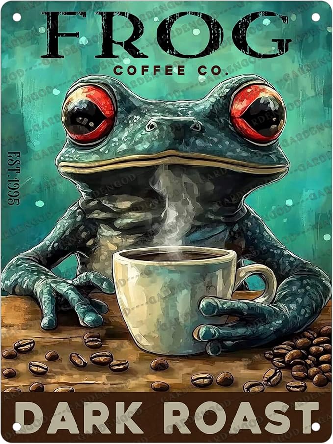 Coffee Themed Metal Tin Sign Frog Retro Wall Art Vintage Kitchen Decor Rustic Bar Cafe Tin Plaque Iron Painting 16x12 Inch