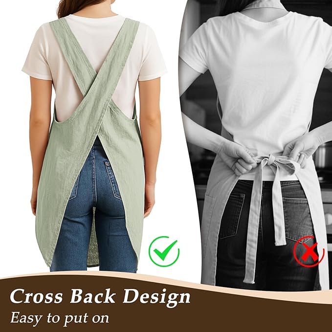 Apron for Women with Pocket Cotton Linen, Japanese Cross Back Apron for Gardening Painting