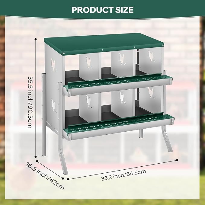 6-Hole Chicken Nesting Box, Rustproof Galvanized Steel, Wall-Mounted Metal Laying Box for Hens, Easy Egg Collection & Cleaning, Roll Away Nest Boxes - Green