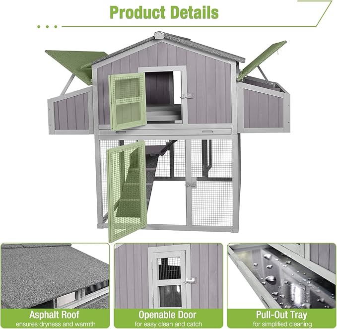 GUTINNEEN Large Chicken Coop for 6-8 Chickens Outdoor Chicken House with Two Nesting Box Folding Design Leakproof Pull-on Tray