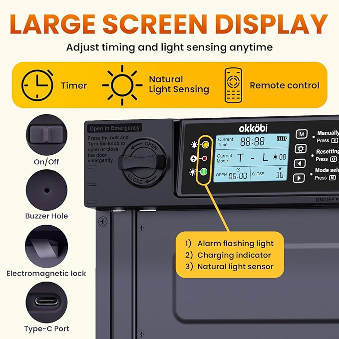 Automatic Chicken Coop Door PRO - Light Sensor & Timer - Anti-Pinch Function - Wide Opening - New Model - Solar Powered with LCD Display - 5 Year Protection