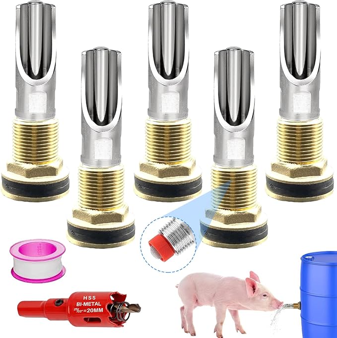 5 Pcs Pig Nipple Drinkers Kit Auto Pig Watering System Stainless Steel with 5 Pcs Brass Water Tank Connector 1Pcs Hole Opener for Pig Goats Swine Piglets Drinking (5pcs, Stainless Steel&Brass)