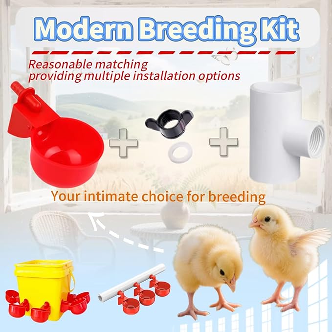 24 Pack Automatic Chicken Waterer Cups Kit, Gravity-Fed Poultry Drinker with PVC Tee Fittings for DIY 1/2" Pipe System for Chickens, Ducks & Turkeys (12 Cups + 12 PVC Tees, 24-Piece Kit)
