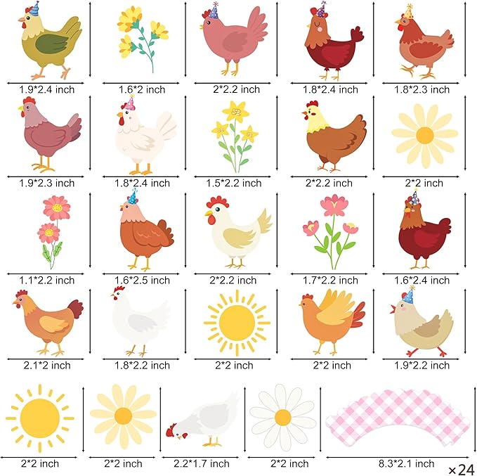 Chicken and Daisy Cupcake Toppers and Wrappers Floral Chicken Birthday Decoration 48Pcs Pink Gingham Cupcake Liners barnyard Hen Themed Cake Decor for Farm Animals Bday Baby Shower Supplies