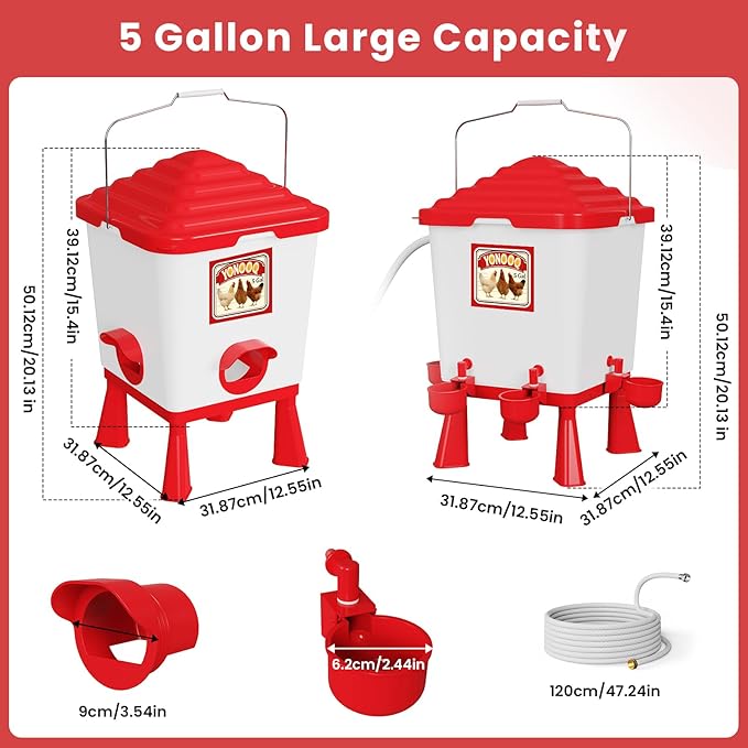 5 Gallon/26 Pounds Automatic Chicken Feeder and Waterer Set, Chicken Waterer with Automatic Float Valve, No Waste, Rain Proof Poultry Feeder, Chick Coop Accessories, for Chicken, Duck, Turkey