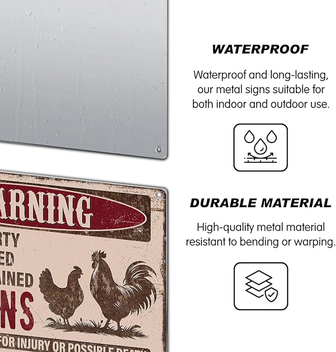 Warning This Property Is Protected By Highly Trained Chickens Vintage Metal Sign For Farm Chicken Coop Rural Home Or Garden 12 x 8 Inch Kitchen Wall Art