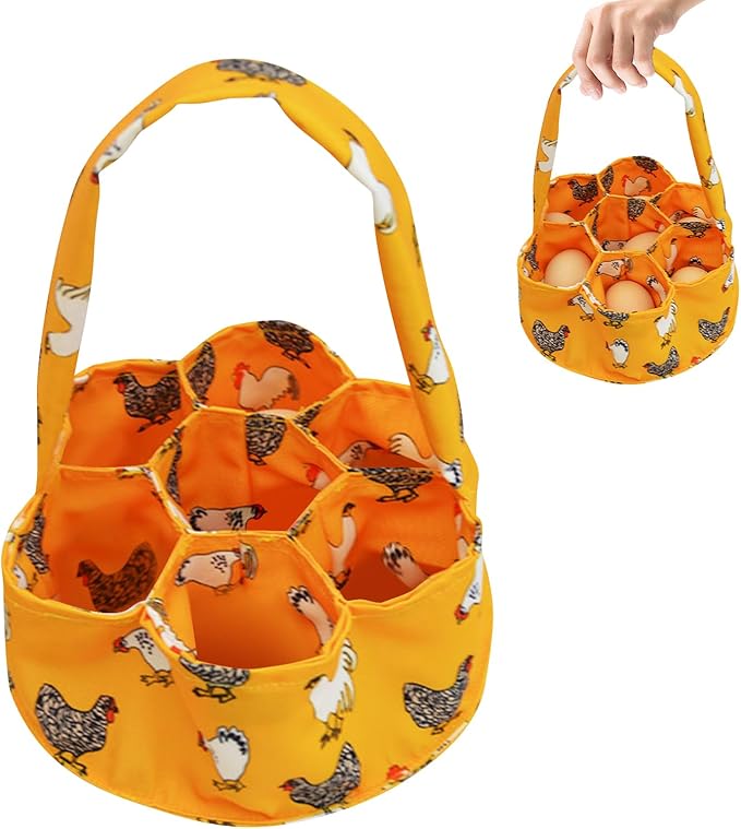Egg Collecting Basket, Eggs Gathering Basket Canvas Egg Bags with 7 Pouches for Farmhouse Chicken Hen Duck Goose Housewife Garden Transporting Storage (Orange)