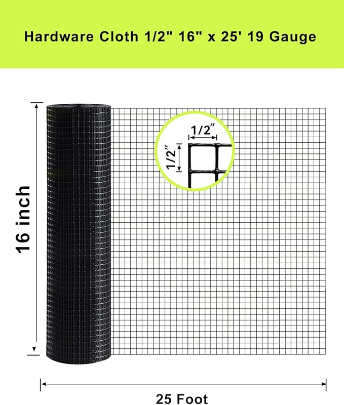 Hardware Cloth 1/2 inch 16 x 25 ft 19 Gauge - Black Vinyl Coated Wire Mesh Roll Chicken Wire Fencing Wire Fence Rolls