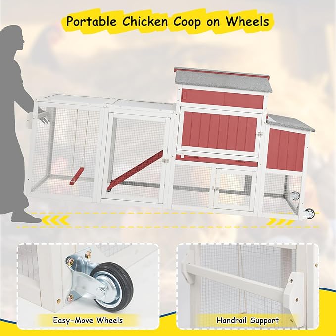 Wooden Chicken Coop with Wheels – Large Movable Outdoor Hen House with Waterproof Clear Sunlight Panel Roof, Nesting Box & Easy-Clean Tray – Spacious Backyard Poultry Tractor Red