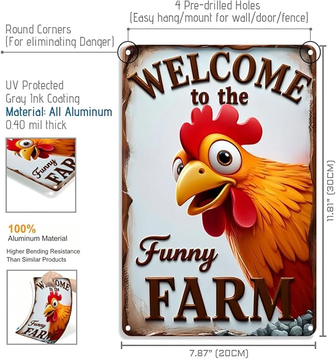 FunnySign Chicken Gifts Rooster Décor Welcome To The Funny Farm Rustic Tin Sign For Home Farm Chicken Coop Decor 8x12 Inch (9706)