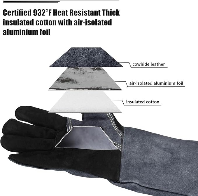 932℉ Grill BBQ Gloves 16-inch Heat Resistant Leather Forge Welding Glove with Flame Retardant Long Sleeve and Insulated Lining for Men and Women Black-Gray