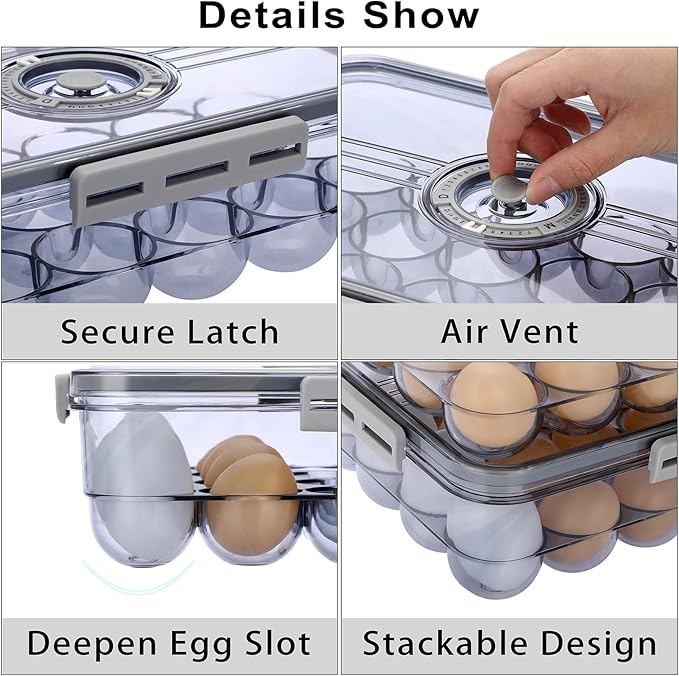 BTSKY Premium Plastic Egg Holder for Fridge - 18 Count Egg Container for Refrigerator, Egg Organizer, Plastic Egg Storage Box with Time Reminer and Lid- Reusable Egg Carton Tray Stackable