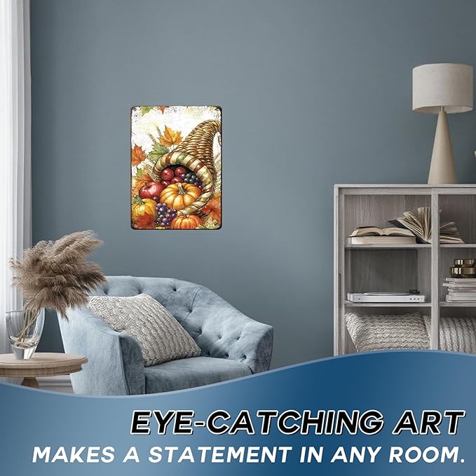 Fall Thanksgiving Cornucopia Metal Tin Sign Thanksgiving Dining Room Decor for Autumn Feast Accent Walls 12x16Inch