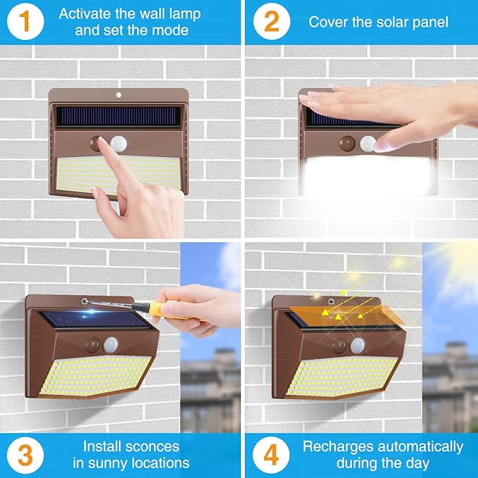 Peasur 6 Packs Solar Outdoor Lights Motion Sensor Solar Security Lights Waterproof with 3 Lighting Modes Solar Powered Wall Lights Outside for Garden Fence Yard Deck, Brown Warm