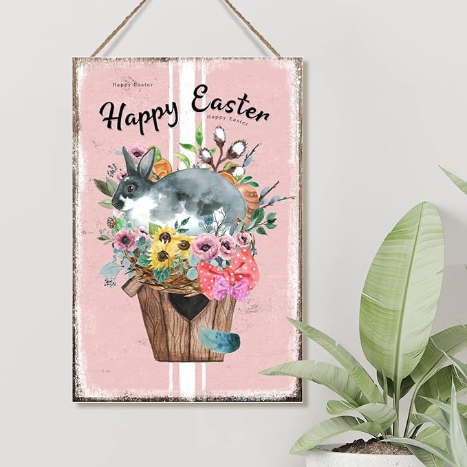 Happy Easter Flower Basket Bunny Wall Decor Wood Sign French Style Floral Pink Stripes Wood Plaque Hello Spring Happy Easter Day Wood Wall Art Signs for Kitchen 12x18in