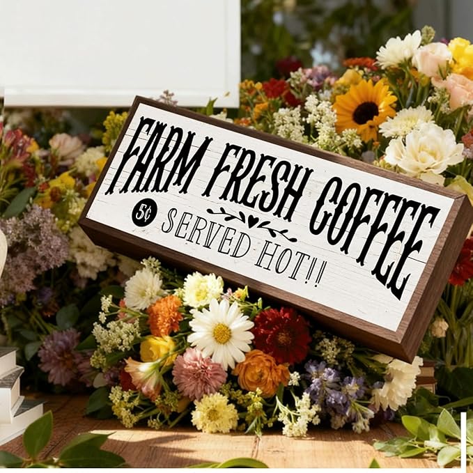 Country Style Cafe Decor, Farm Fresh Coffee Sign, Decorative Wooden Wall Plaque, Home Decor for Kitchen Bar, Cafe Decors, Housewarming Gift 9.5x3.1x1 inches