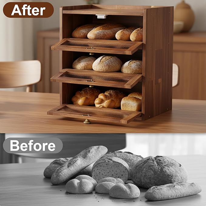 Bread Box for Kitchen Countertop, Bin 3 Layer Bread Storage Container, Wooden Breadbox Holder, Large Capacity Food Organizer, Vintage Multi-functional Container, Pantry Shelf with Acrylic Window
