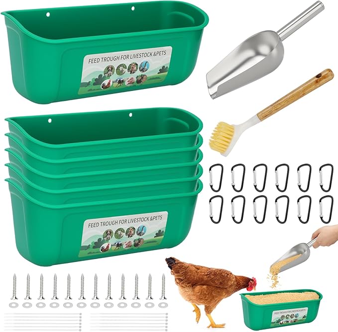 6 Pack Fence Feed Feeder 4.5 Quart Hanging Chicken Feeder Trough with Brush & Scoop Green Goat Hanging Fence Feeders Feeder with Hooks Screws & Zip Tie for Livestock Feeding Container Goats Supplies
