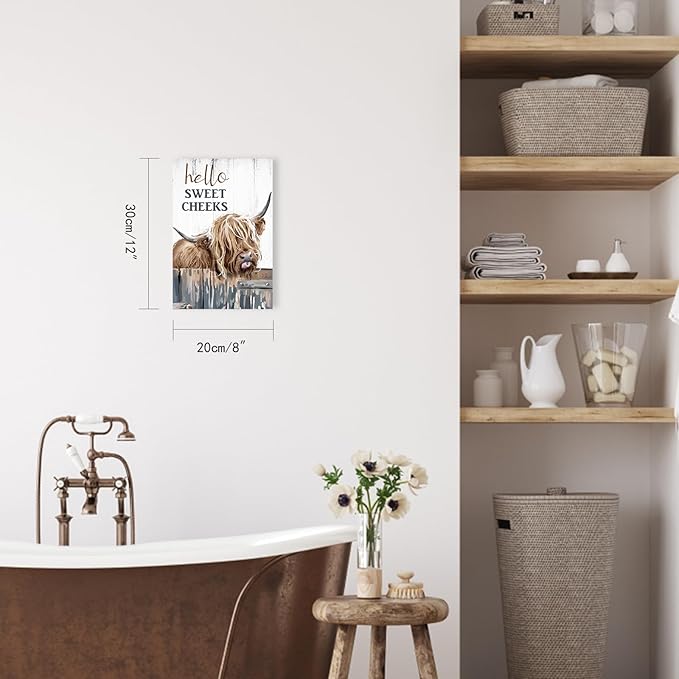 Highland Cow Picture Bathroom Decor: Hello Sweet Cheeks Highland Cow Wall Art Canvas Prints Farmhouse Bathroom Wall Decor, Farm Animal Pictures Cow Paintings Rustic Country Home Decor 8" X 12"